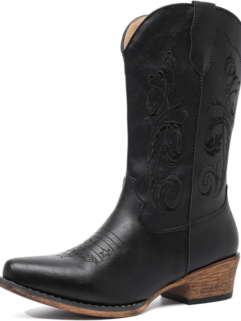 Women's Black Western Mid Boots Embroidered Cowgirl Boots Ladies Pointy Toe - Picture 1 of 7